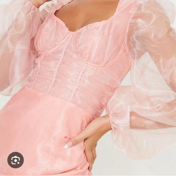 Pretty Little Thing Blush Organza Puff Sleeve Wrap Bodycon Mini Dress 4 - Picture 2 of 14
